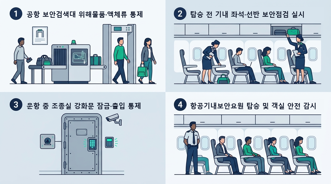 출국 승객 수하물 및 기내 보안 준수 점검표 — 액체·겔류 고시 물질 사전 분리. 보안검색 완료 구역 반입 제한 확인. 매 비행 전 보안점검 시간 고려. 운항 중 조종실 출입 통제 준수