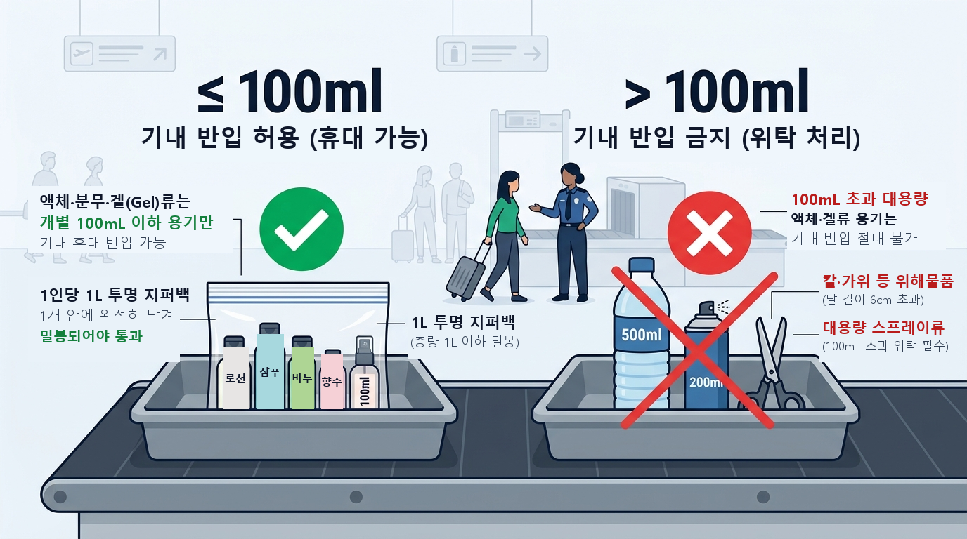 항공보안법 제14조 항공기 4대 보안 체계 — 액체·겔류 반입금지 물질 차단. 항공기내보안요원 의무 탑승. 운항 중 조종실 출입 통제. 매 비행 전 항공기 보안점검